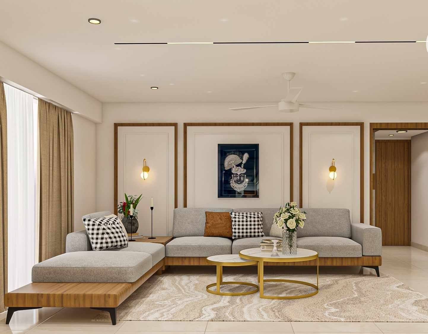 Master bedroom with royal headboard and ambient lighting