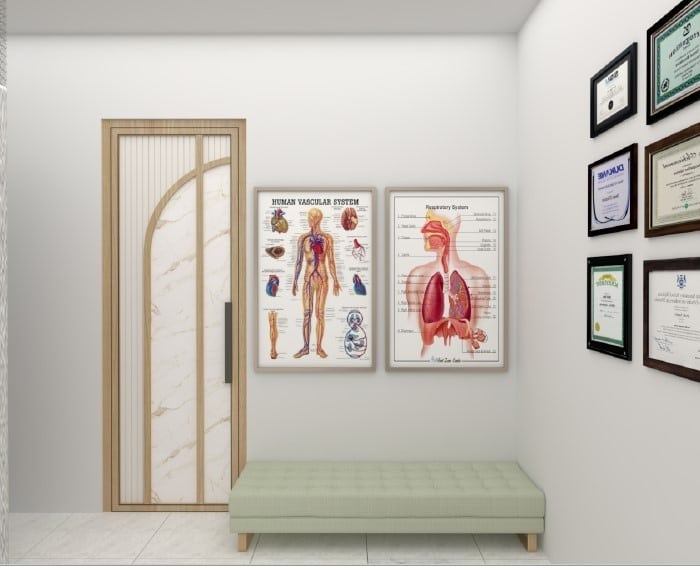 Functional OPD area with soft pastel green accents