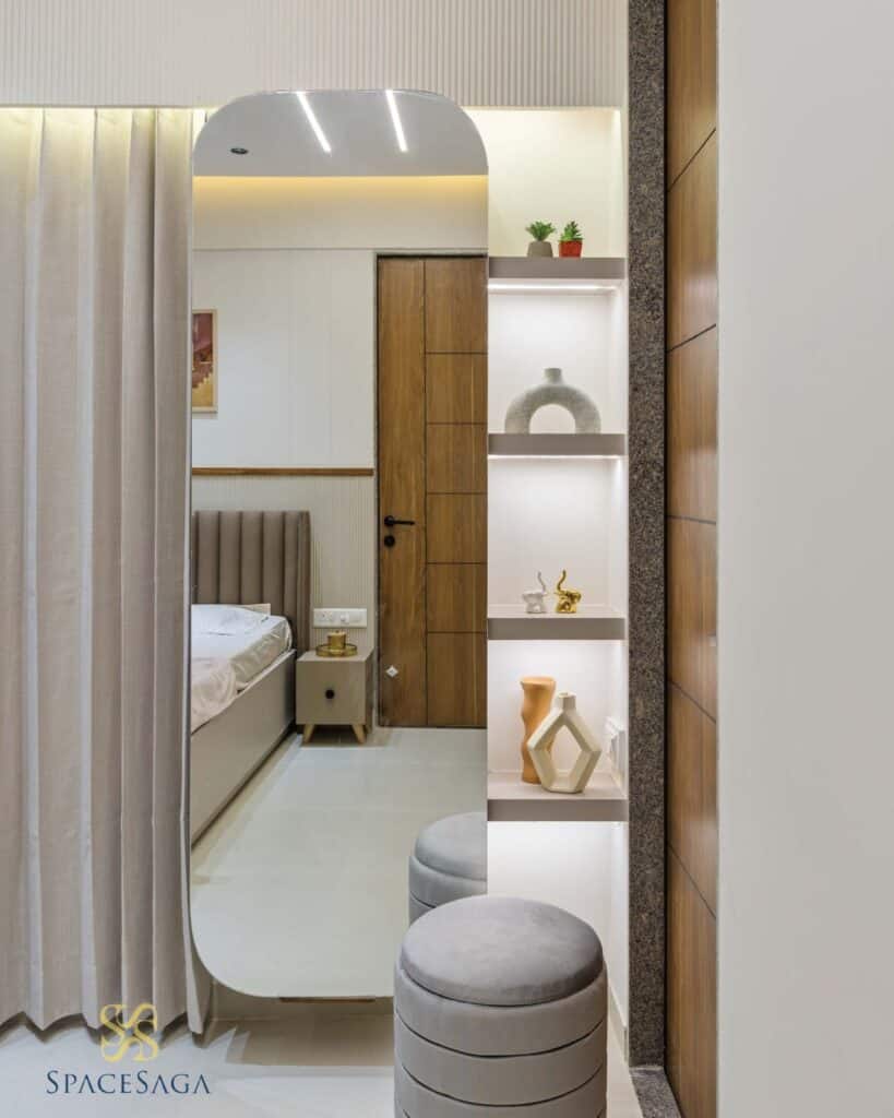 Hallway illuminated with ambient lighting, enhancing the home's spacious feel.