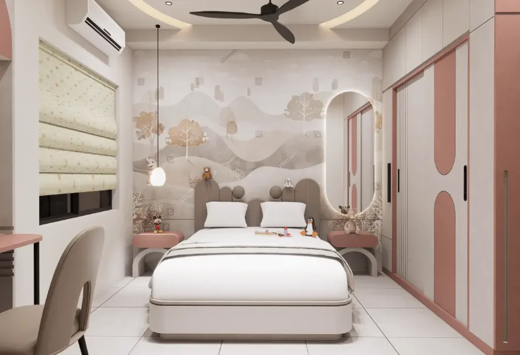 Pastel theme interiors at 3BHK Ambica Society Maninagar residence