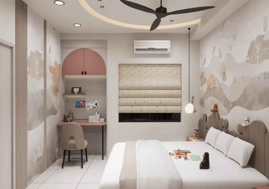 Neutral and pastel color palette interiors 3BHK Ambica Society Maninagar